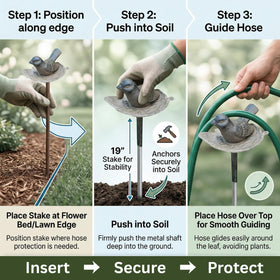 Carvers Olde Iron hose guide stake along a pathway for tidy irrigation