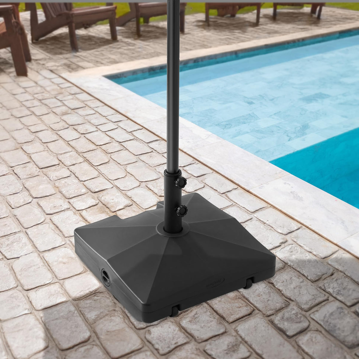 Casafield umbrella base-wheels-integrated-handle enables easy movement across decks.