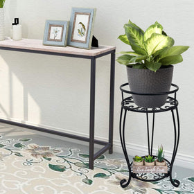 Casimr 2-Tier Plant Stand bottom frame supports lower pots securely outdoors