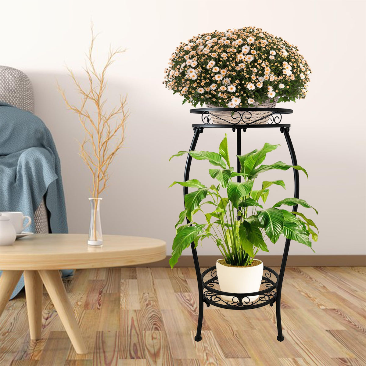 CASIMR 2-tier plant stand with floor-protecting feet on a smooth floor.