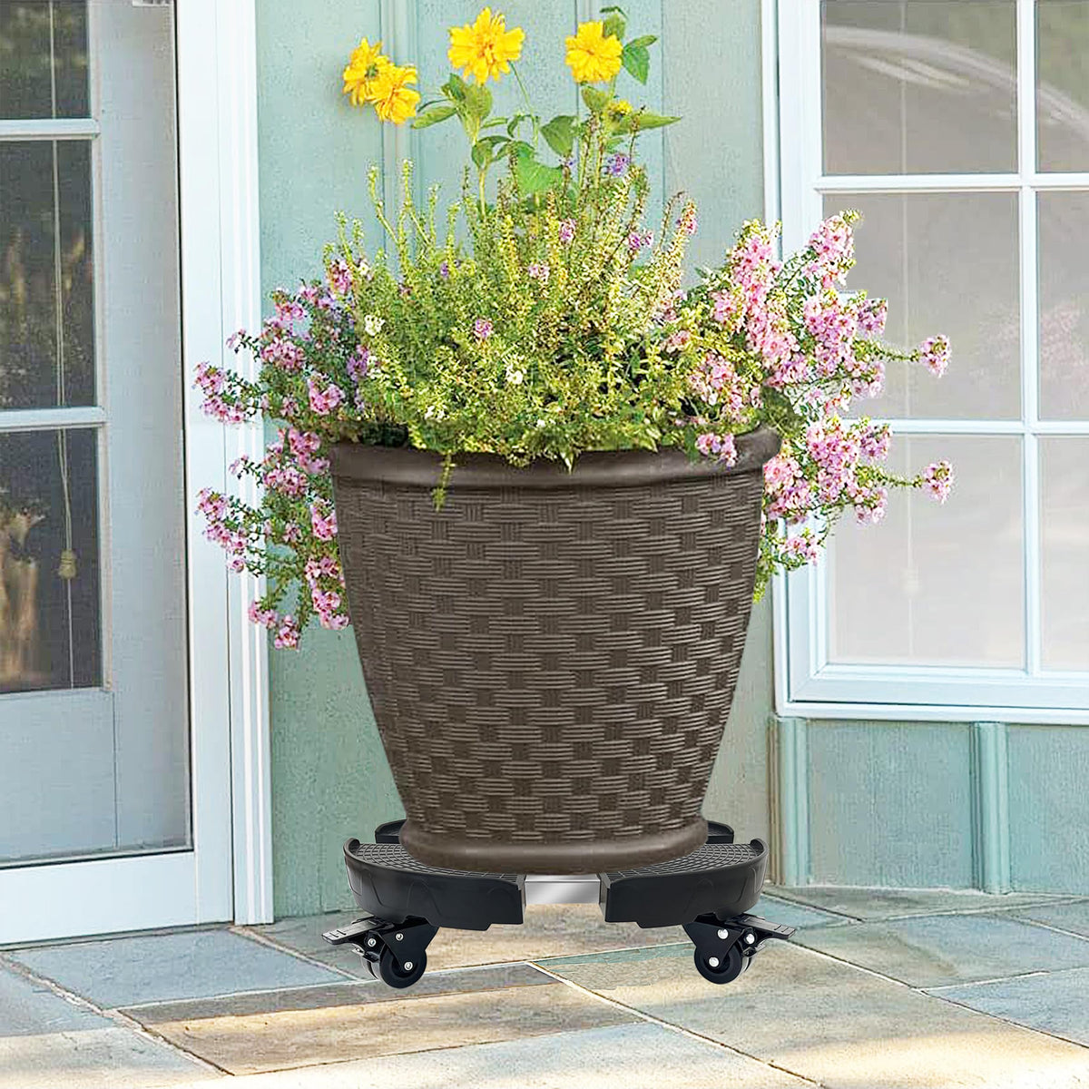 Casimr flower pot rack on wheels protects floors during relocation.