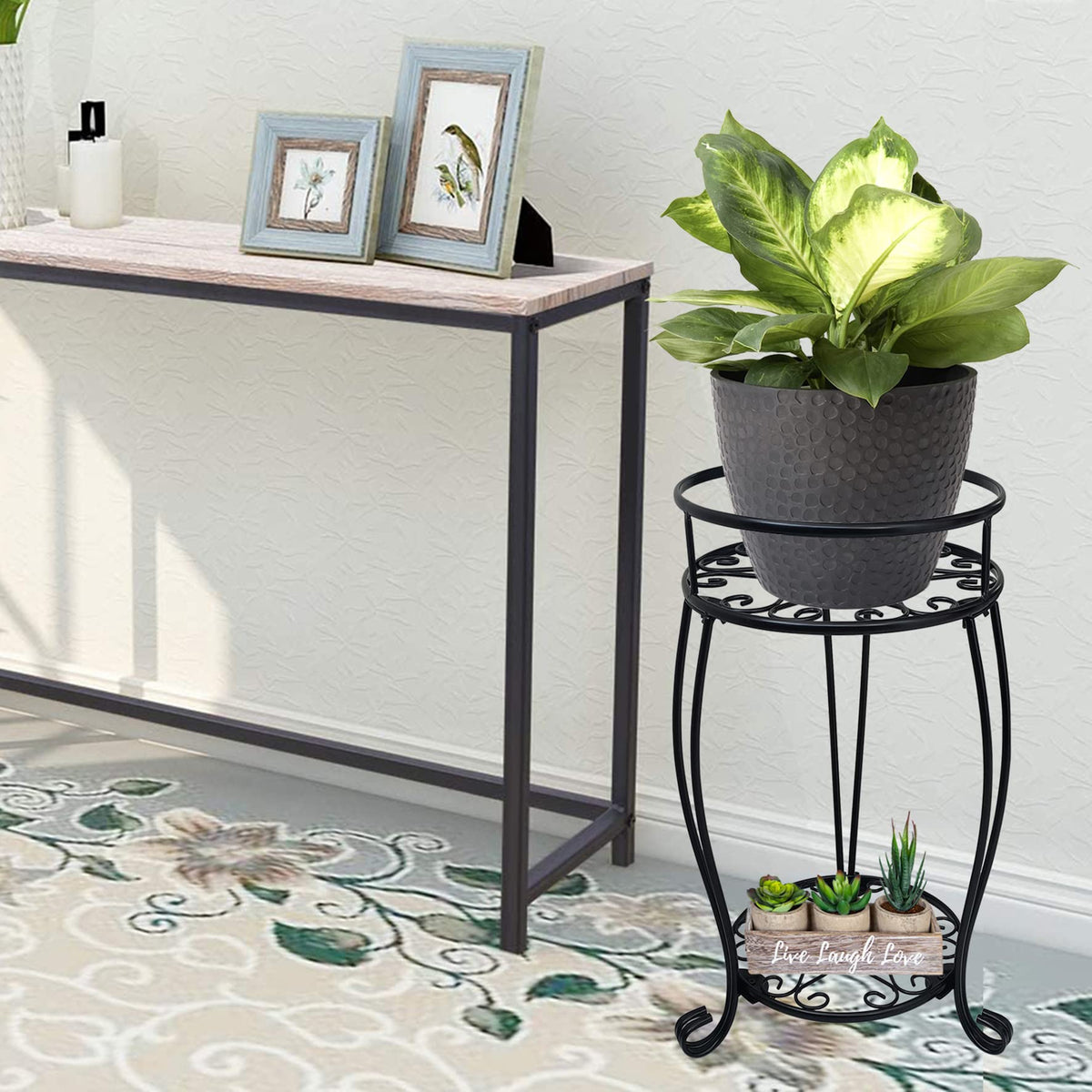 Casimr plant stand front view with sturdy legs and two-tier design