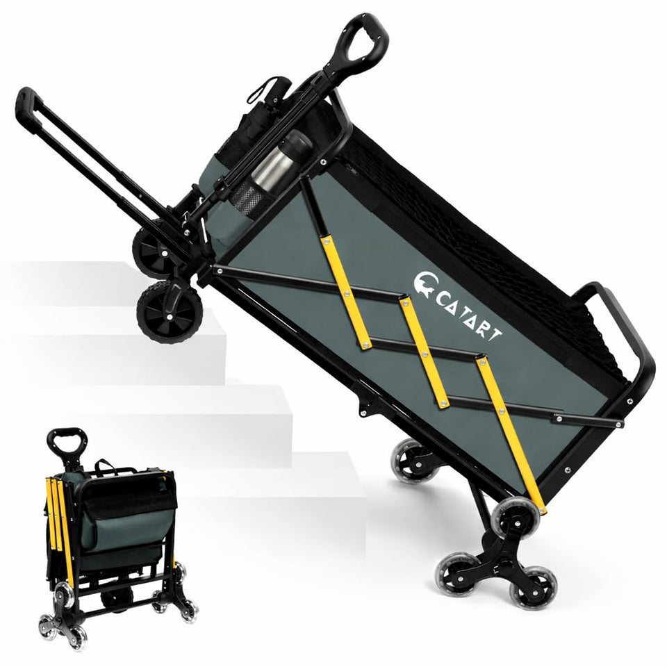 CatArt folding cart with triangular wheels improves stair stability for groceries and errands.