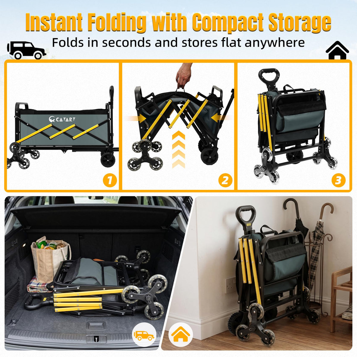 CatArt compact footprint fits car trunks and apartments for easy storage.