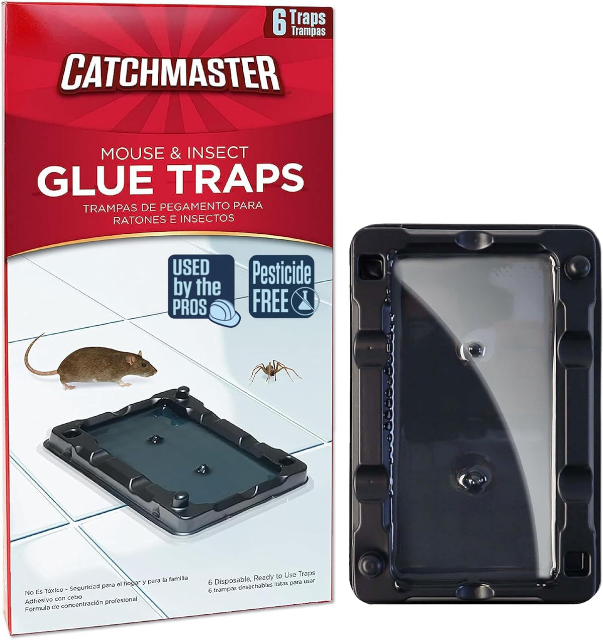 Catchmaster 6 glue trap set up along a wall catching mice and crawling insects.