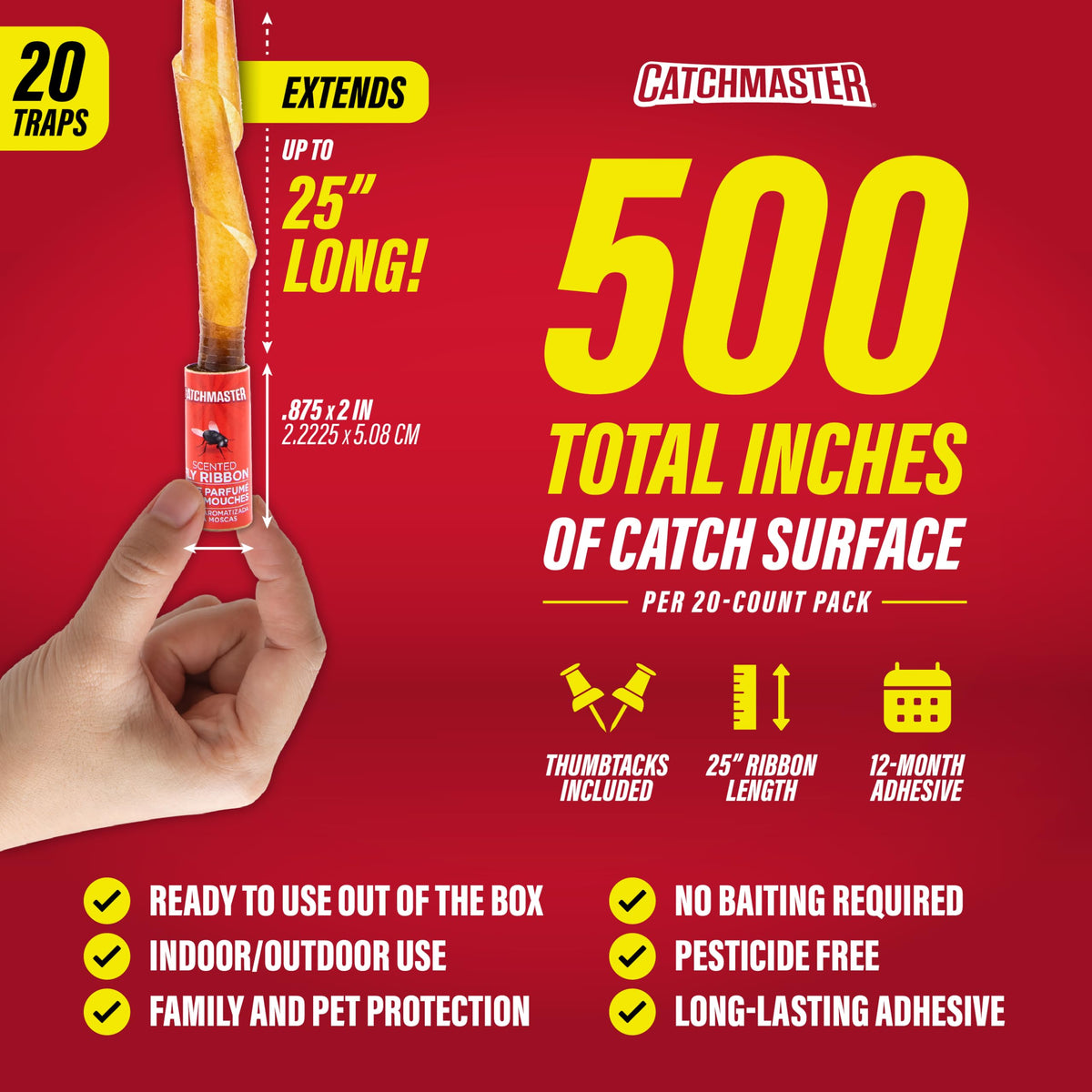 Catchmaster adhesive trap ribbon indoors-outdoors; pesticide-free protection against flies and gnats.