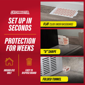 Catchmaster baseboard placement along pathways for intercepting pests.
