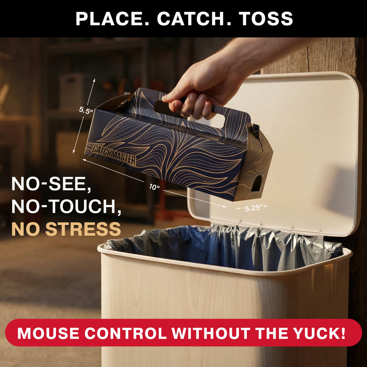 Catchmaster Catch & Toss box-assembly demonstrates no-touch disposal.