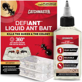 Catchmaster Defiant liquid ant bait bottle for long-lasting home protection.