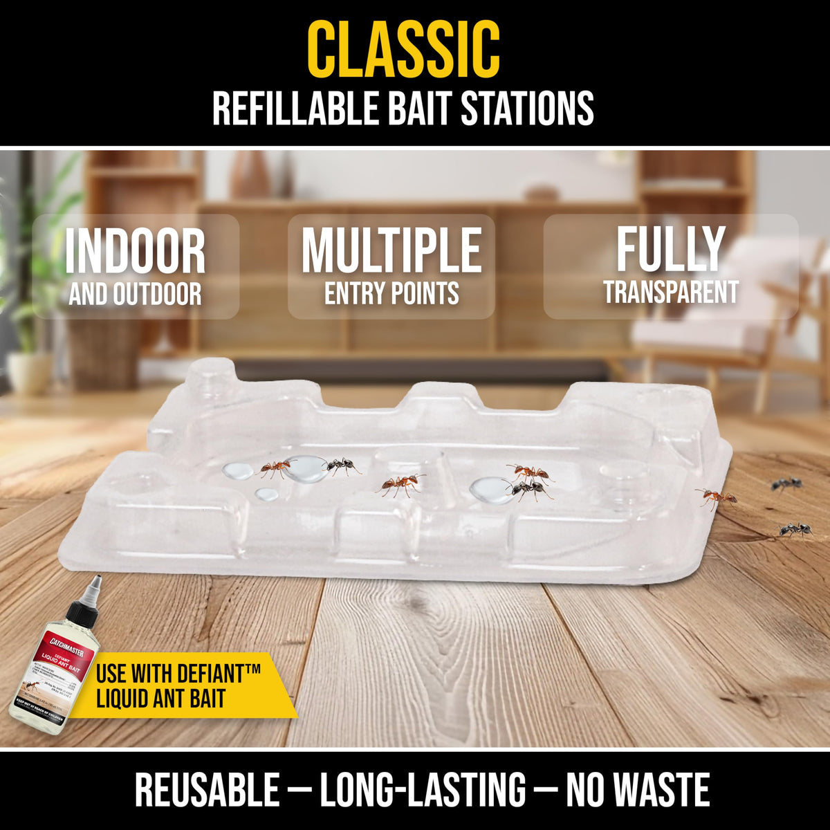 Catchmaster DEFIANT stackable traps along baseboards for discreet protection