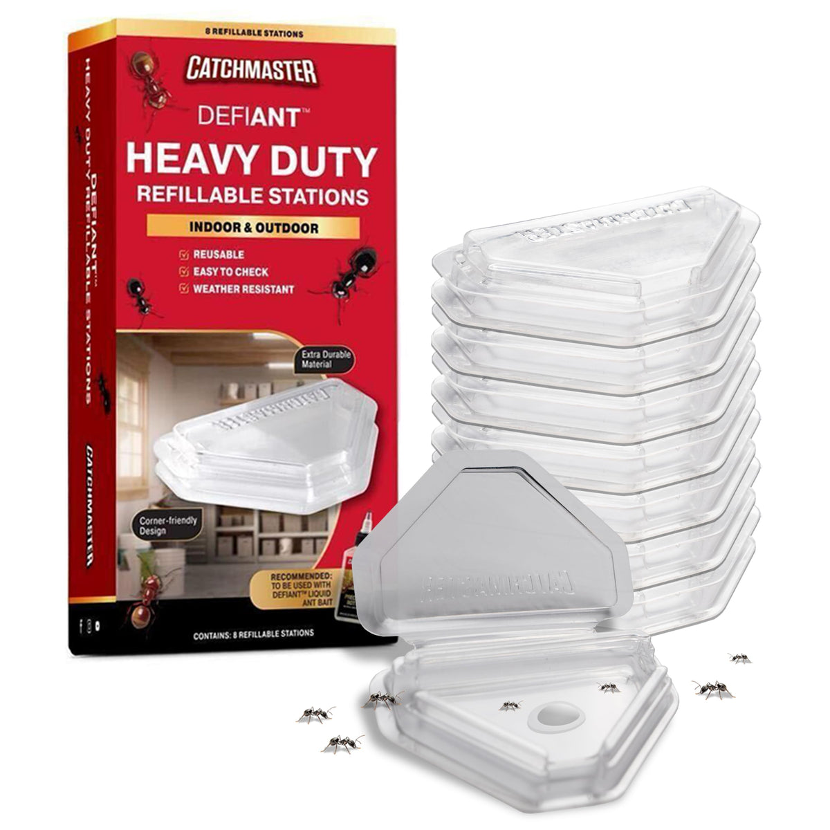 Catchmaster DEFIANT trap indoor-outdoor use for versatile ant control.