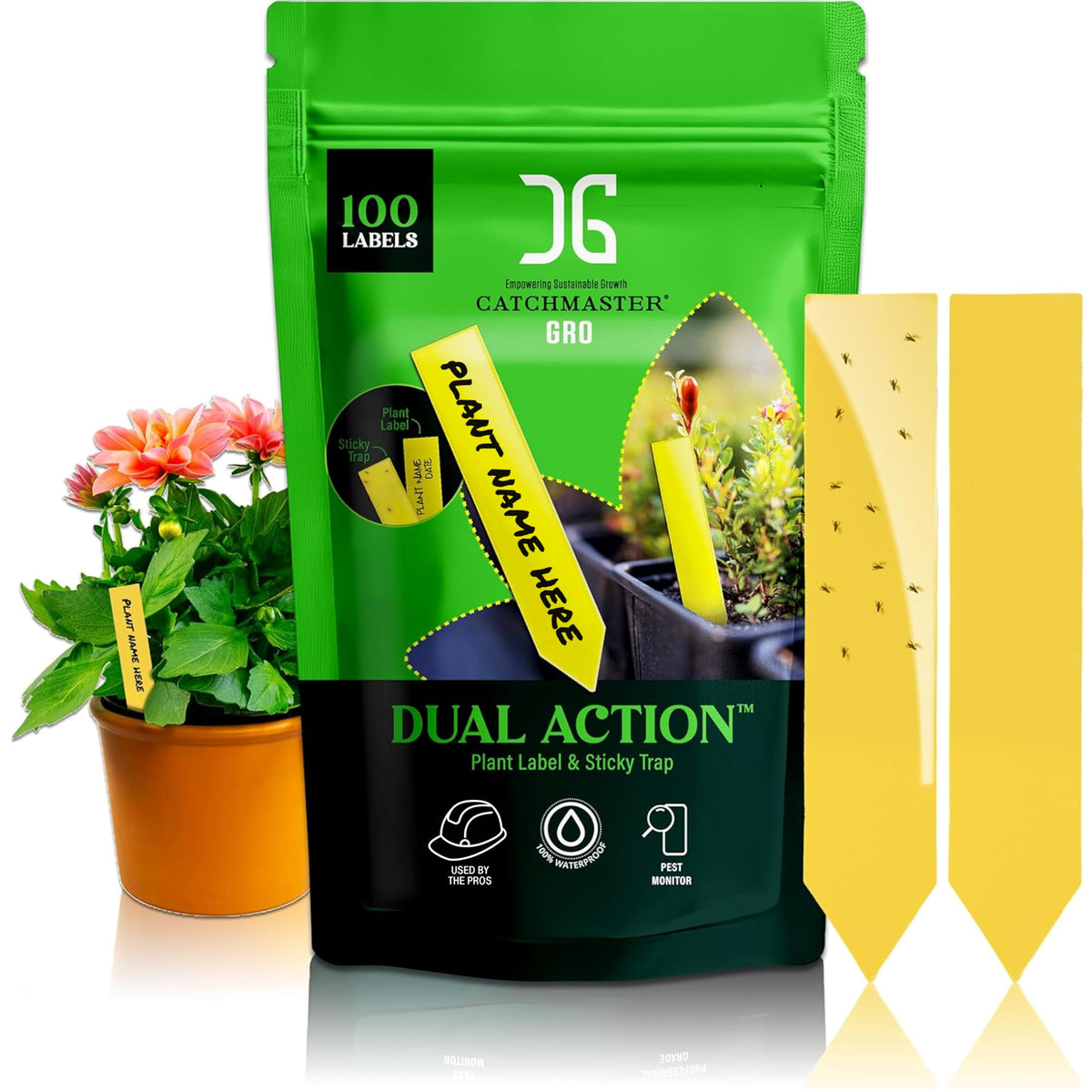 Catchmaster Dual Action Plant Labels 100pk for plant tagging and pest monitoring.