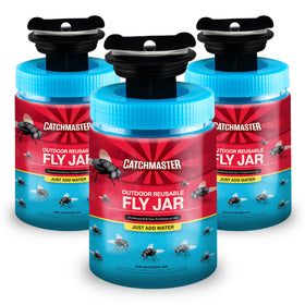 Catchmaster Fly Jar outdoor setup shows easy placement for quick pest capture in the yard.