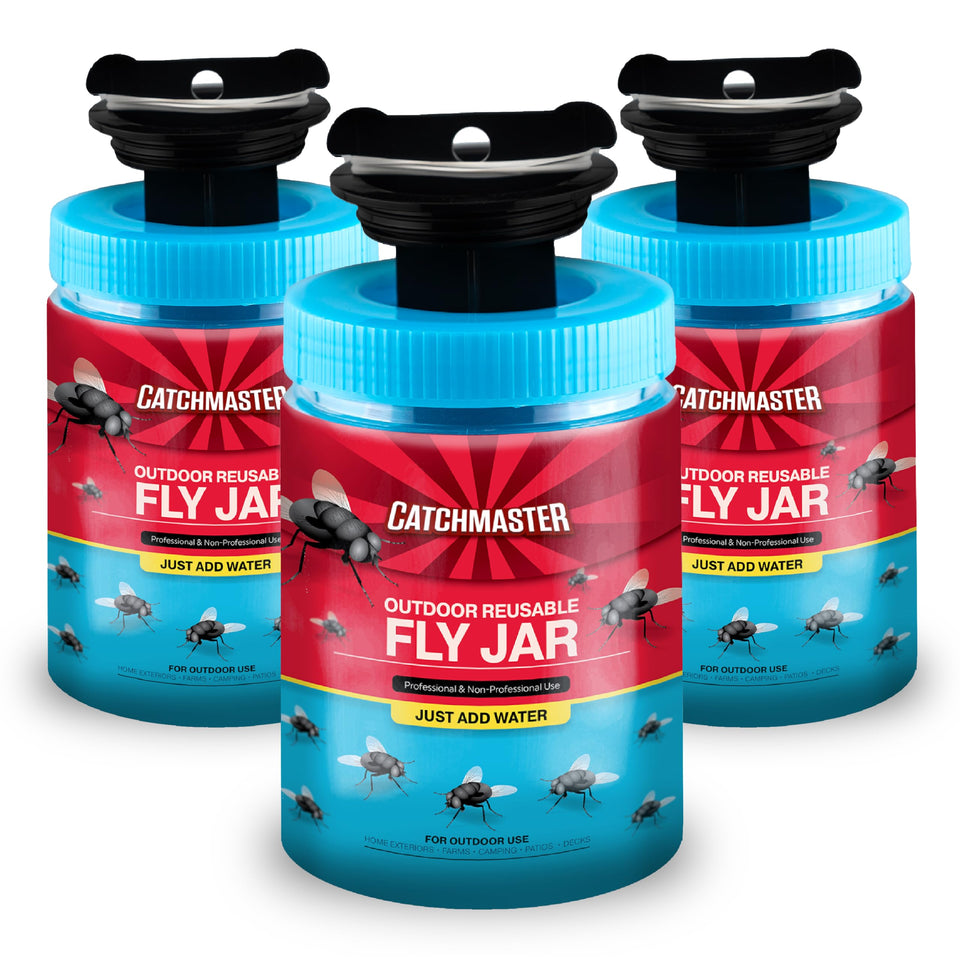 Catchmaster Fly Jar outdoor setup shows easy placement for quick pest capture in the yard.