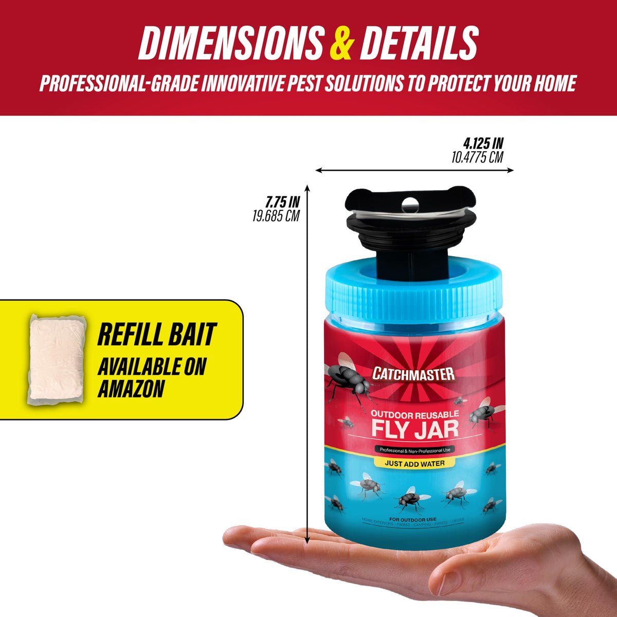 Catchmaster Fly Jar sunlight activation increases lure effectiveness in sunny spots.