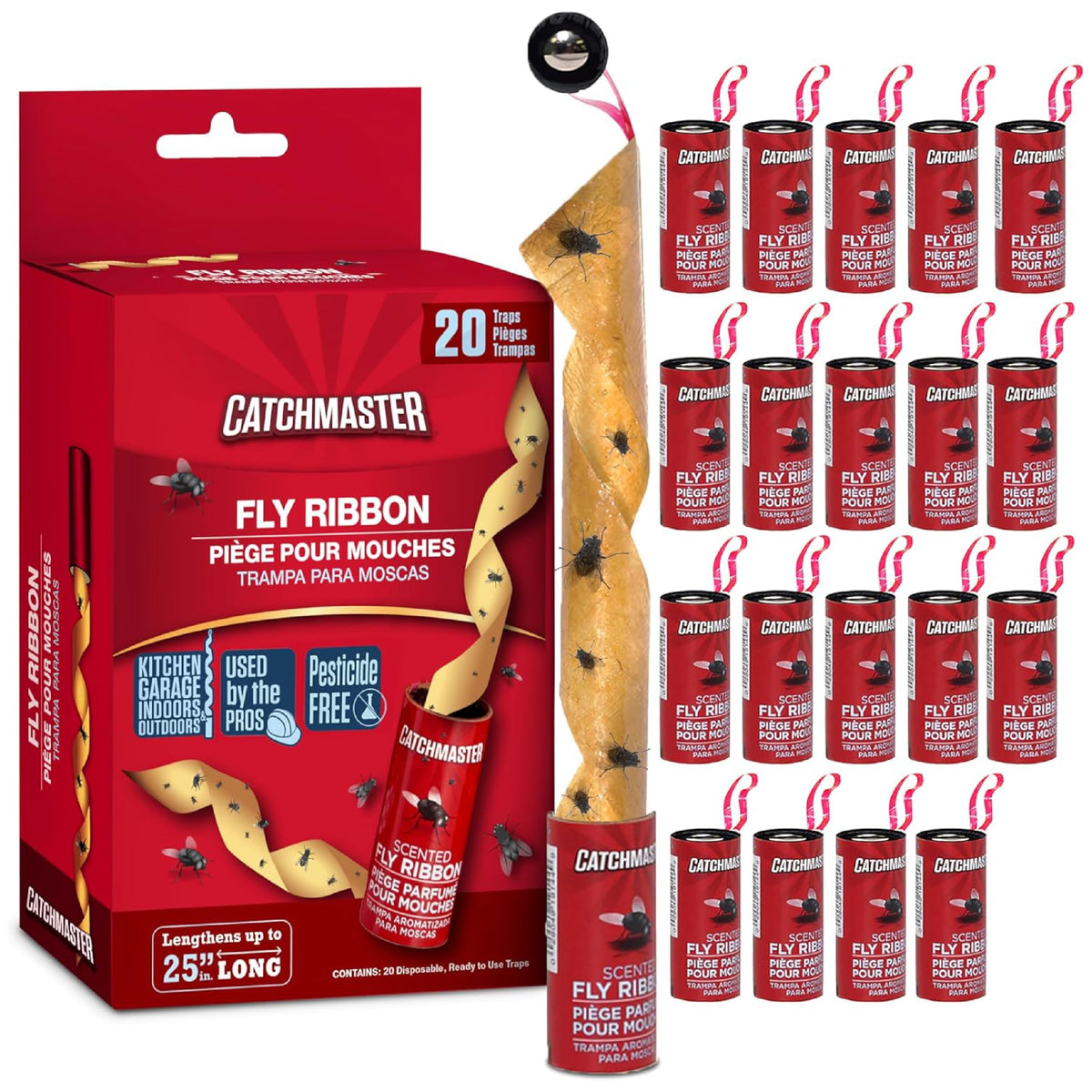 Catchmaster Fly Ribbon 20-Pack, ready-to-use strips for quick indoor and outdoor pest capture.
