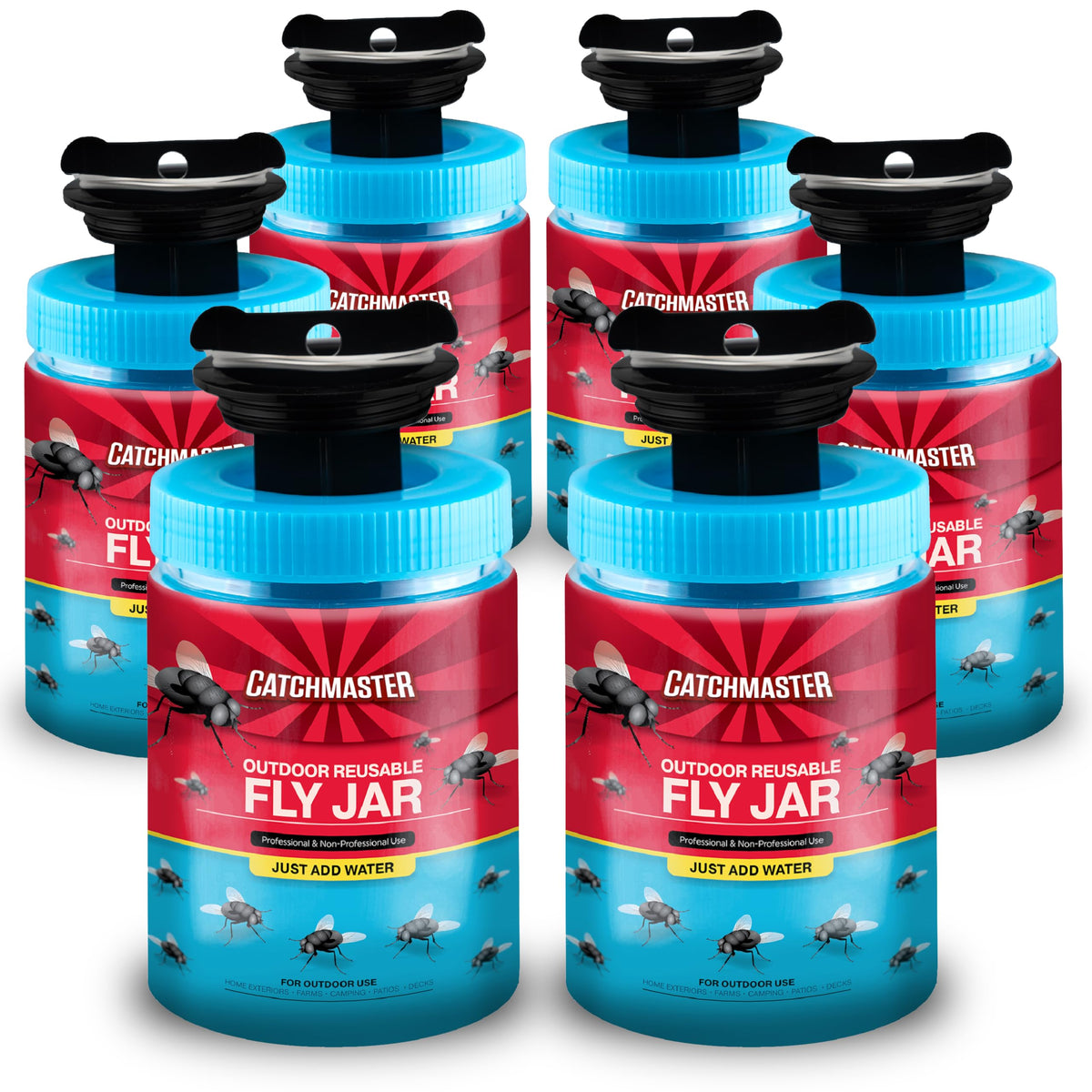 Catchmaster Fly Jar six-pack outdoors with airlock lid for no-mess disposal