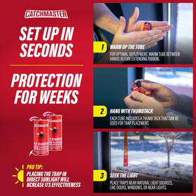 Catchmaster gnat hanging strips ideal for kitchens, patios, and entryways.