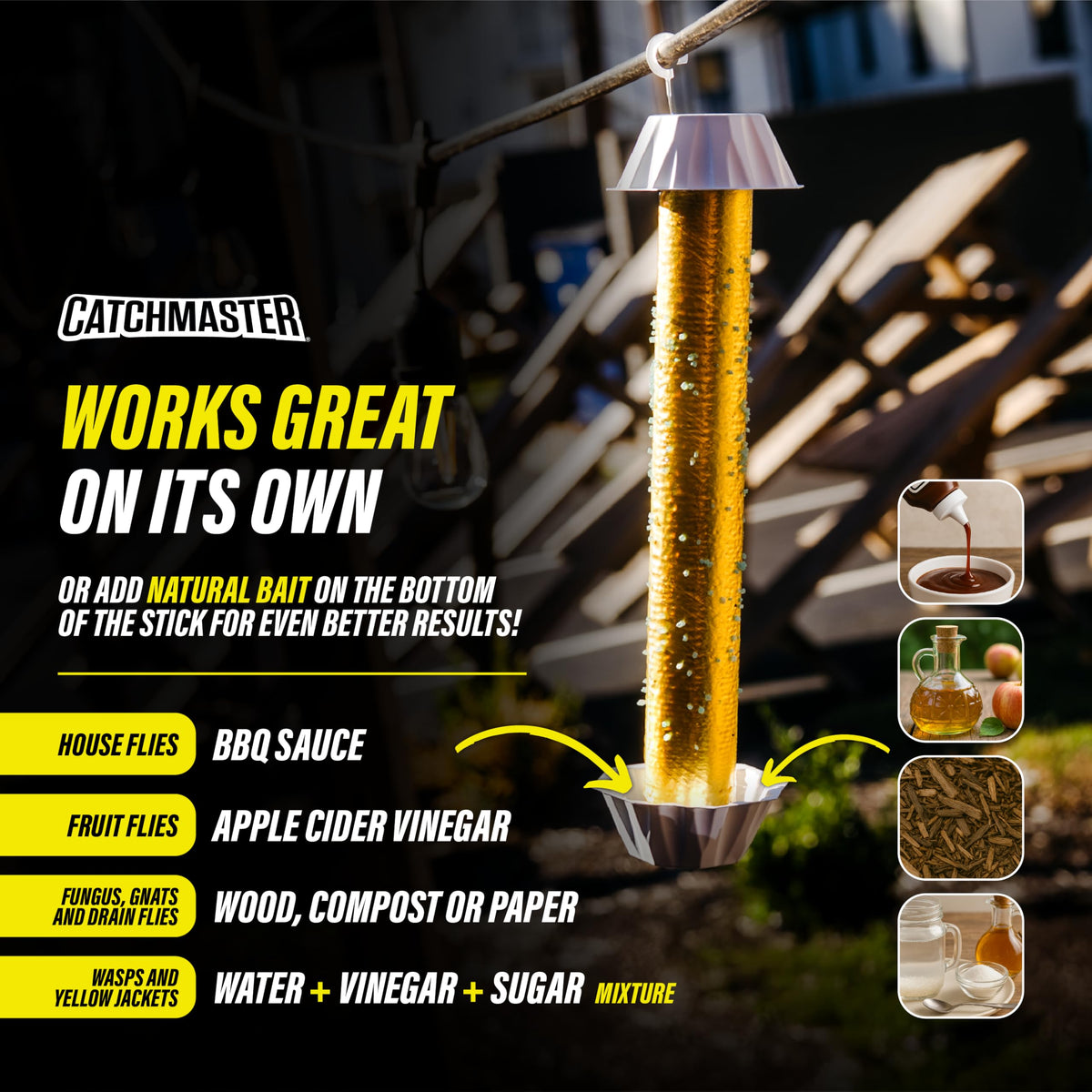 Catchmaster Gold Stick bait option with apple cider vinegar to attract fruit flies.