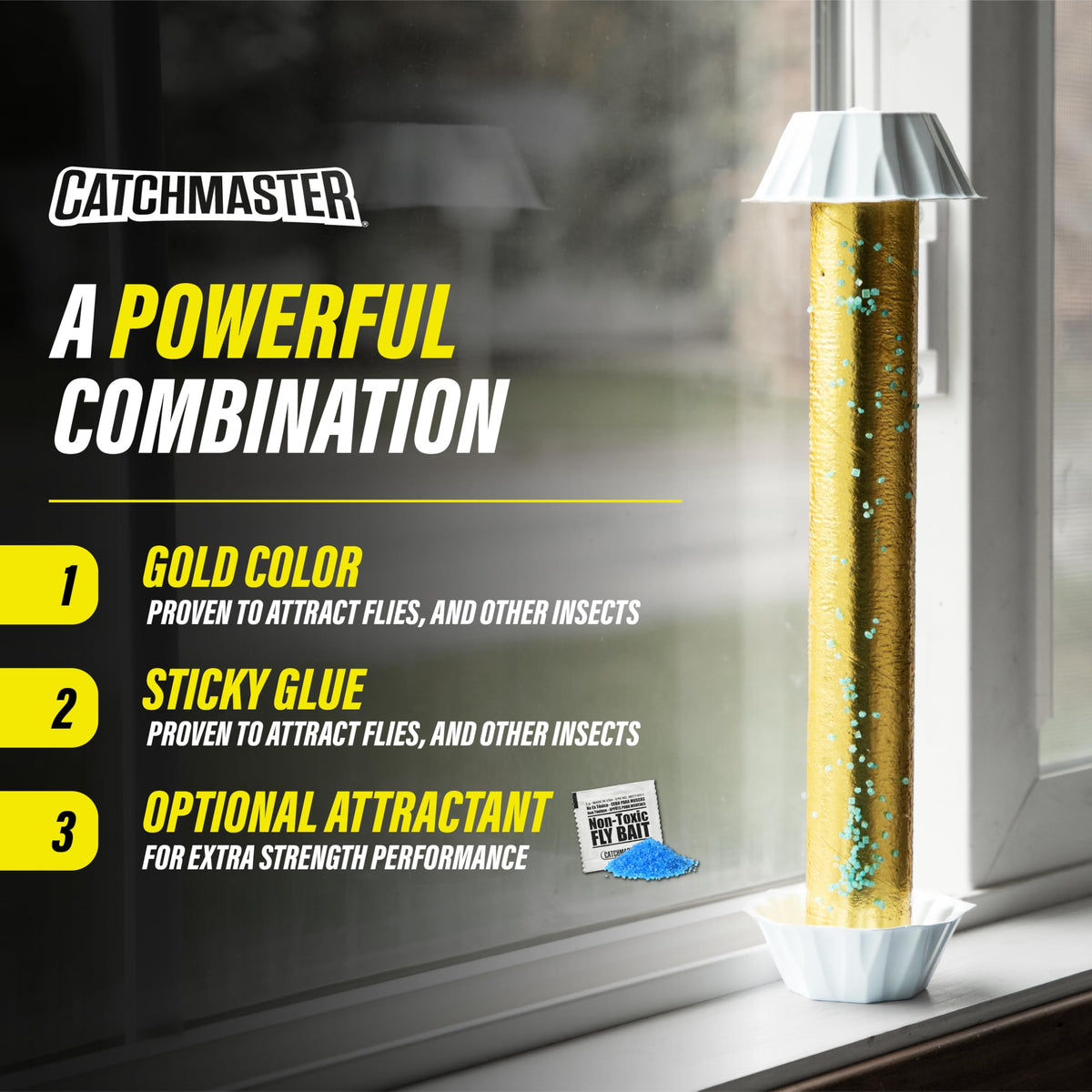 Catchmaster Gold Stick Fly Trap for indoor use, mounted on a wall to catch common houseflies.