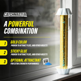 Catchmaster Gold Stick Fly Trap for indoor use, mounted on a wall to catch common houseflies.