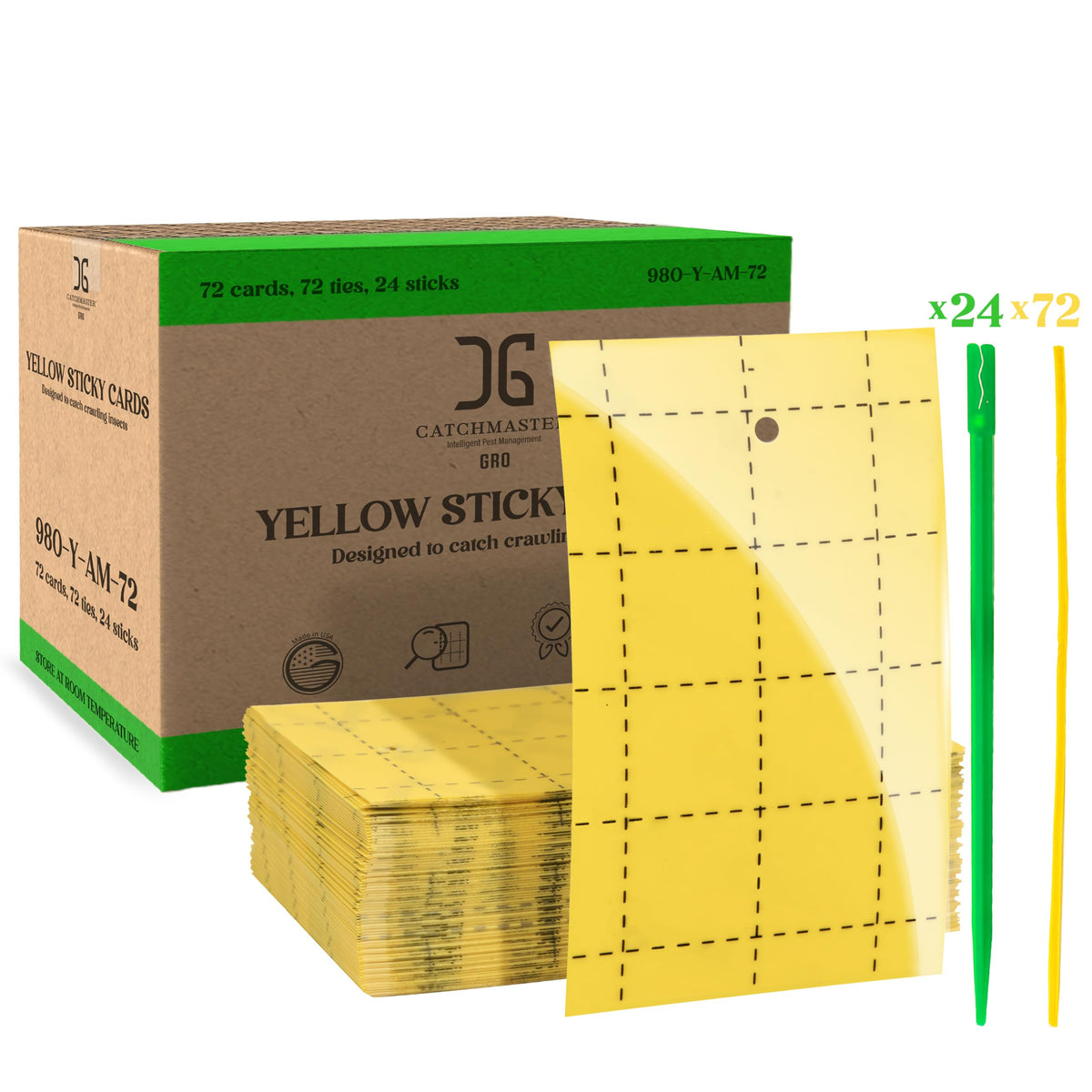 Catchmaster GRO yellow double-sided traps pack with durable adhesive for pest control.
