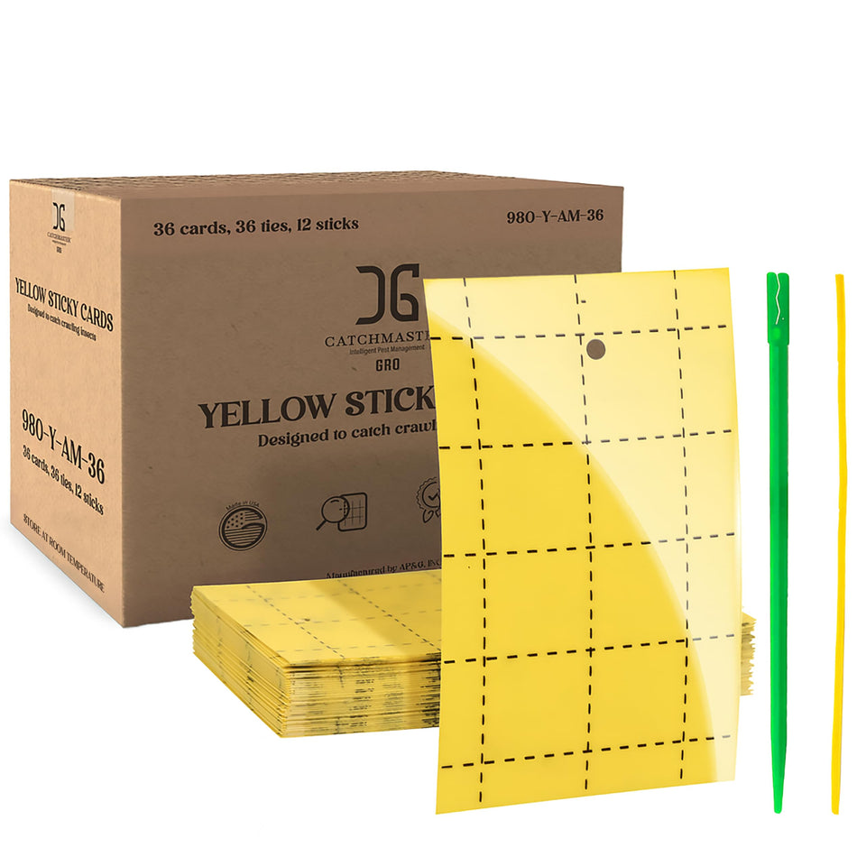 Catchmaster GRO yellow double-sided sticky traps 36-pack ready for pest capture around plants.
