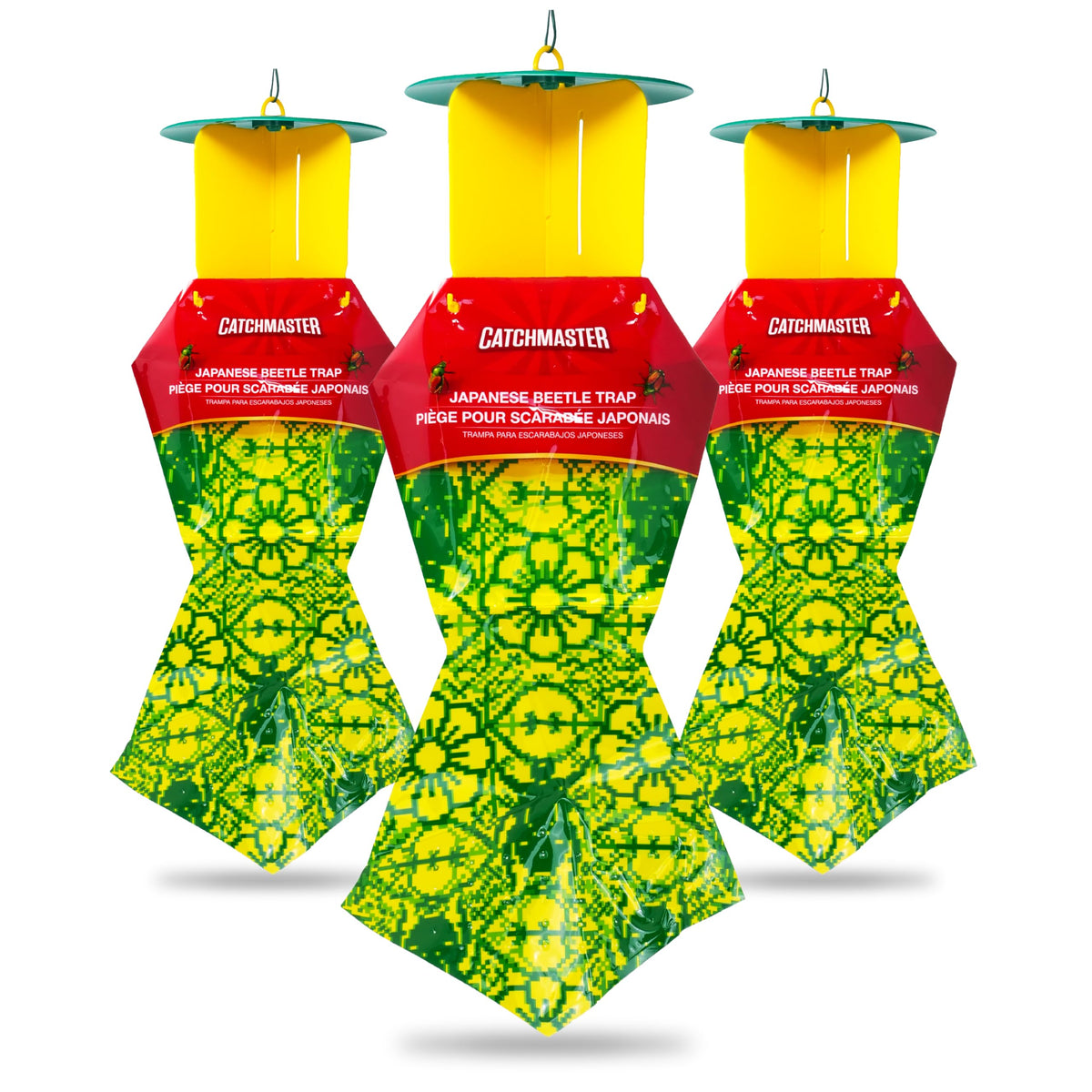 Catchmaster Japanese Beetle Traps outdoor 3-pack with lid protects plants by catching beetles.