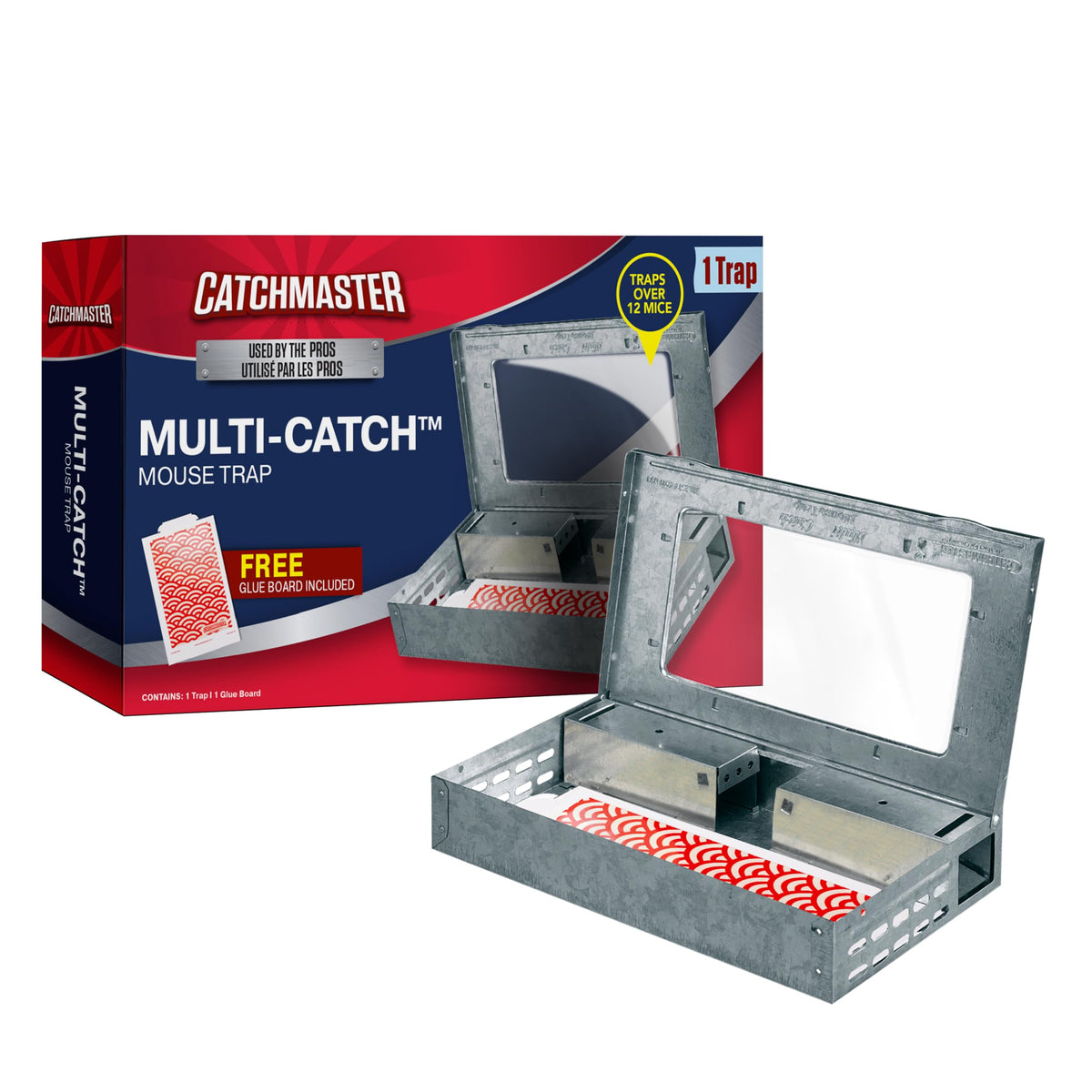 Catchmaster Multi-Catch Mouse Trap front view shows ready-to-use setup for quick indoor control.