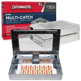 Catchmaster Multi-Catch trap shown along a baseboard for quick indoor monitoring.