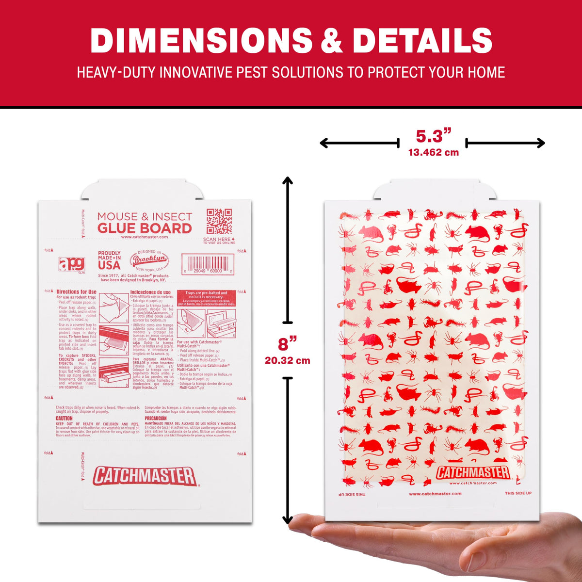 Catchmaster packaging highlights USA-made, ready-to-use traps for quick setup.