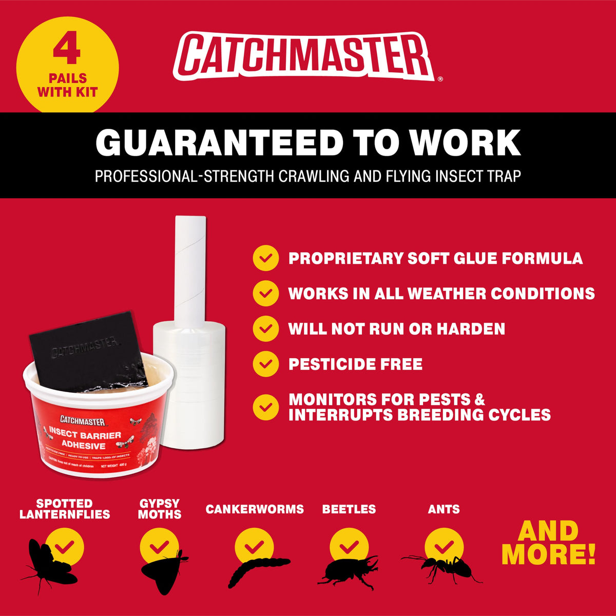 Catchmaster plastic wrap roll ready for easy trunk sealing on outdoor trees.