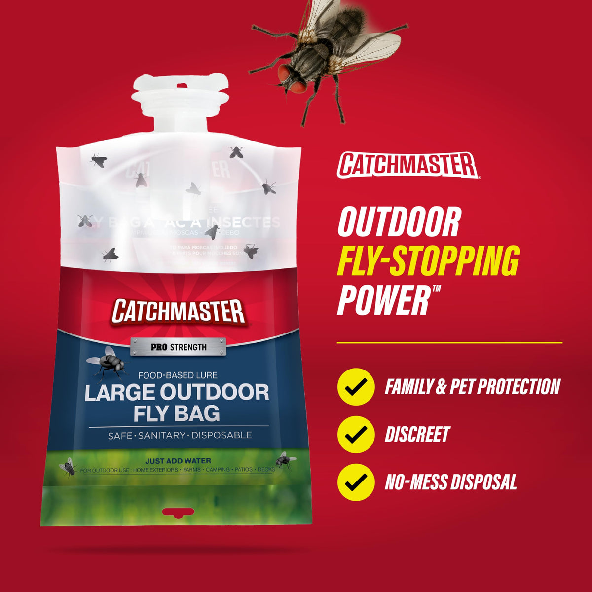 Catchmaster Pro Series disposable fly bag ready for outdoor use.