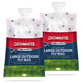 Catchmaster Pro Series outdoor fly trap hanging with no-mess lid for easy setup.
