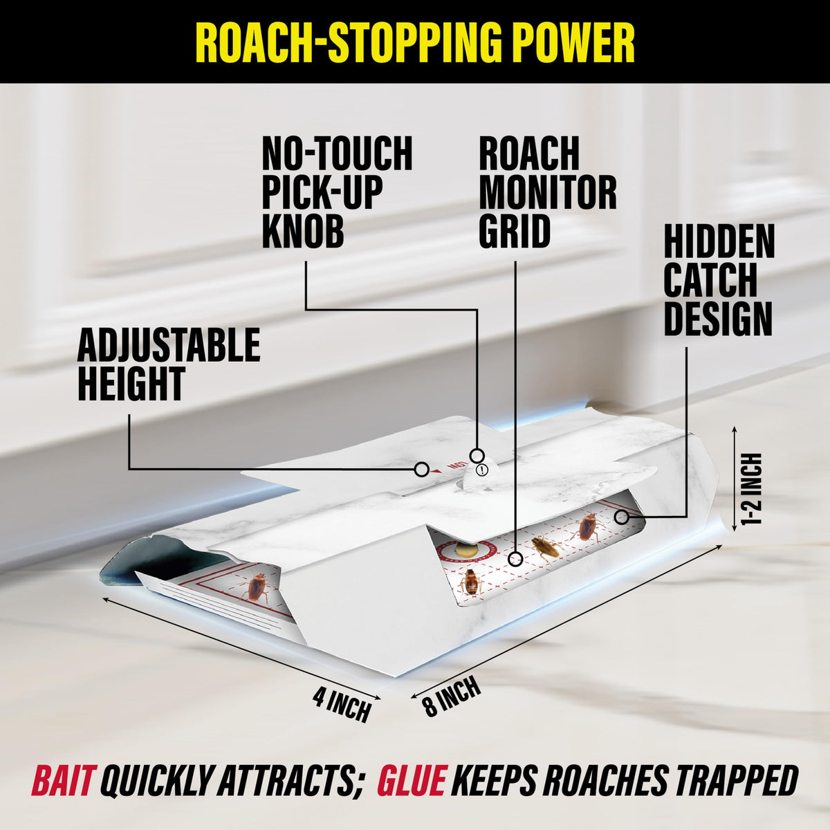 Catchmaster roach trap folded design offers compact fit with hidden catch.