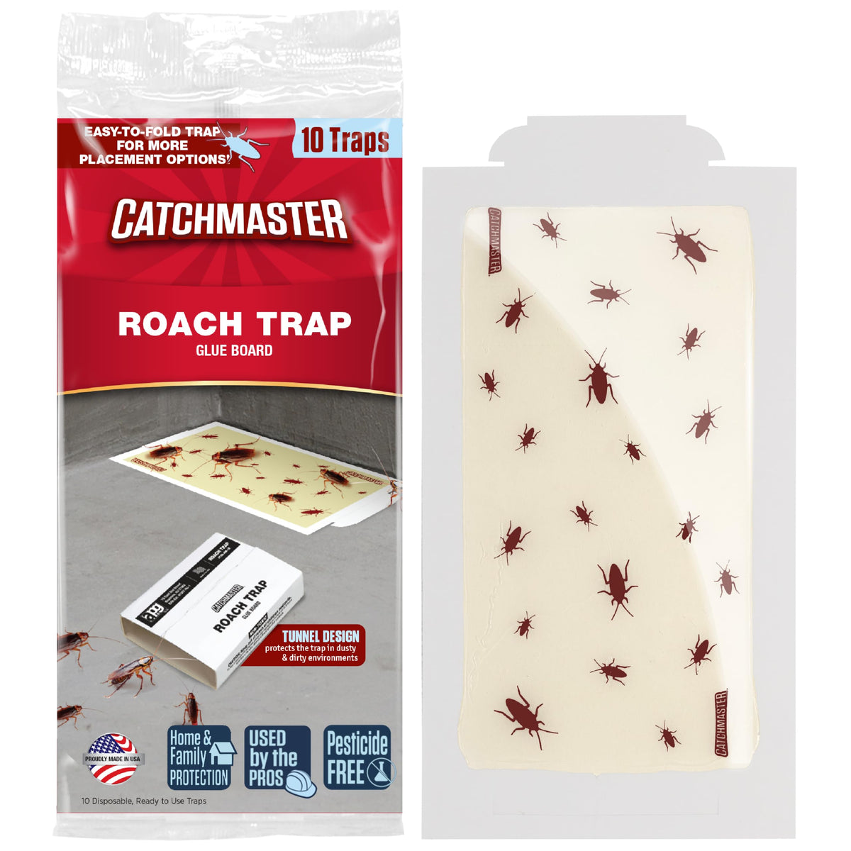 Catchmaster roach trap glue board in tunnel design for easy placement.