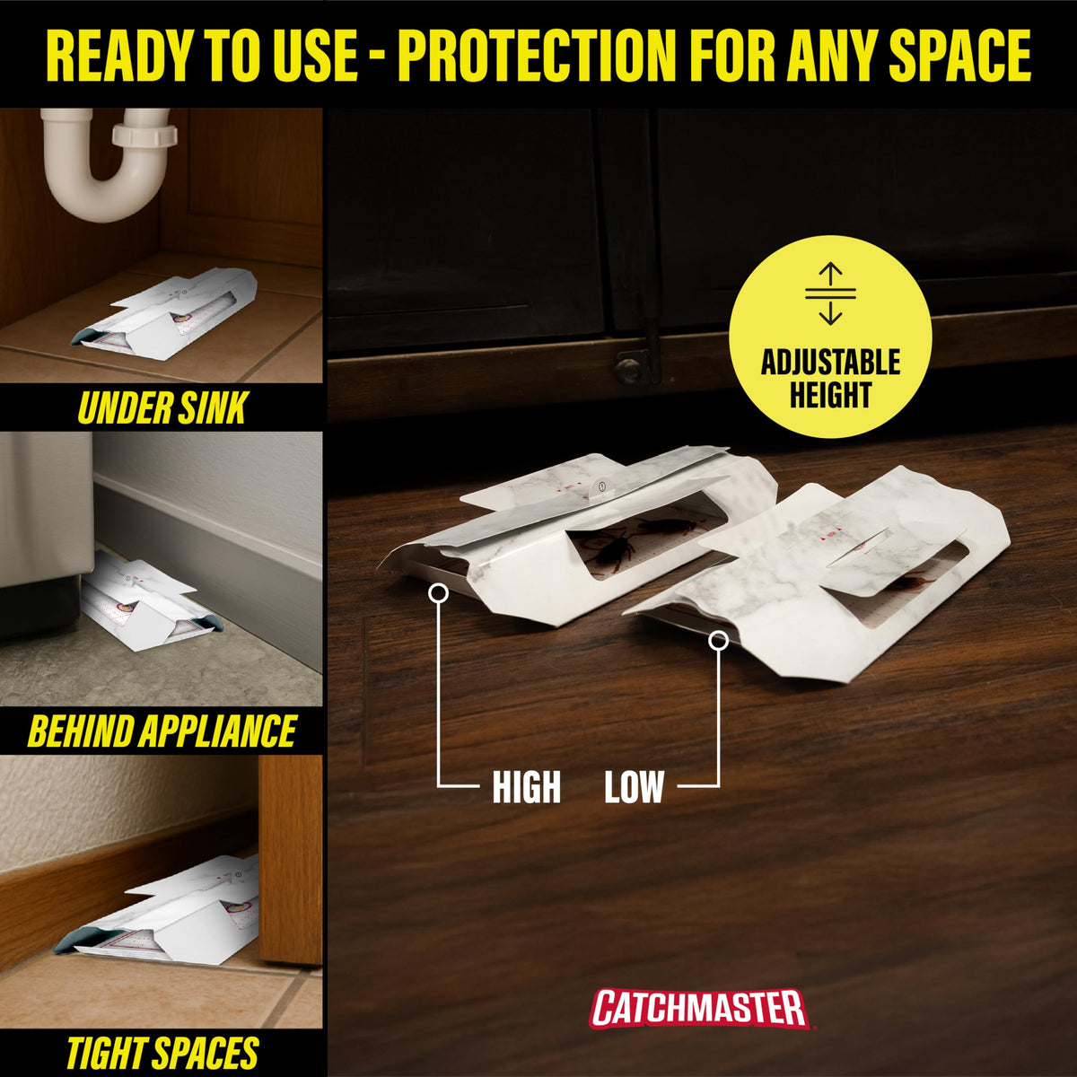Catchmaster roach trap placed on wall for unobtrusive, effective pest monitoring.