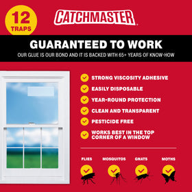 Catchmaster trap on window sill illustrates simple peel-and-stick installation.