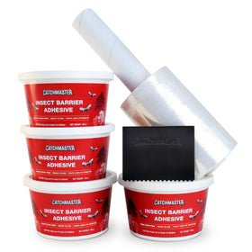 Catchmaster tree-banding adhesive applied to a trunk protects fruit trees from pests.