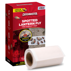 Catchmaster Tree Shield on a tree trunk blocks crawling pests and protects foliage.