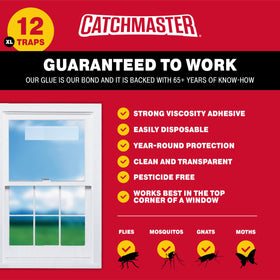 Catchmaster waterproof-adhesive-trap clinging to a glass surface