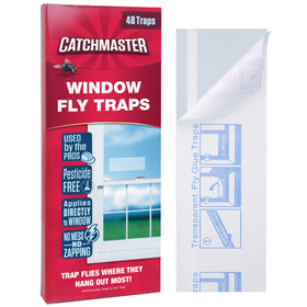 Catchmaster Window Traps 48-pack visible on glass for quick indoor pest control