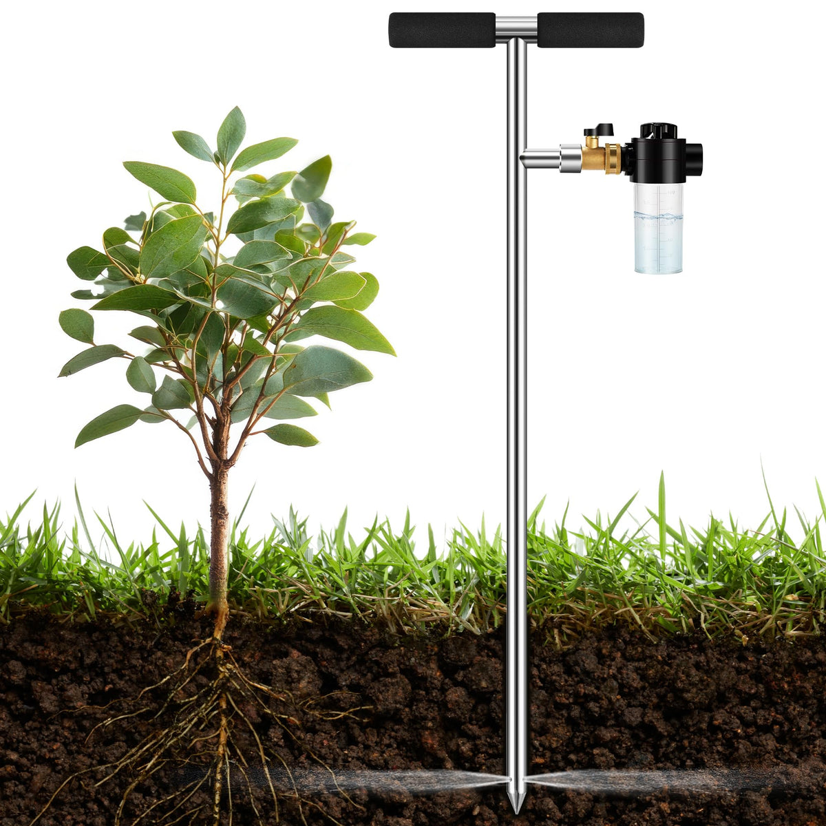 Caulimo deep root watering spike with four-hole tip delivering deep irrigation at the roots
