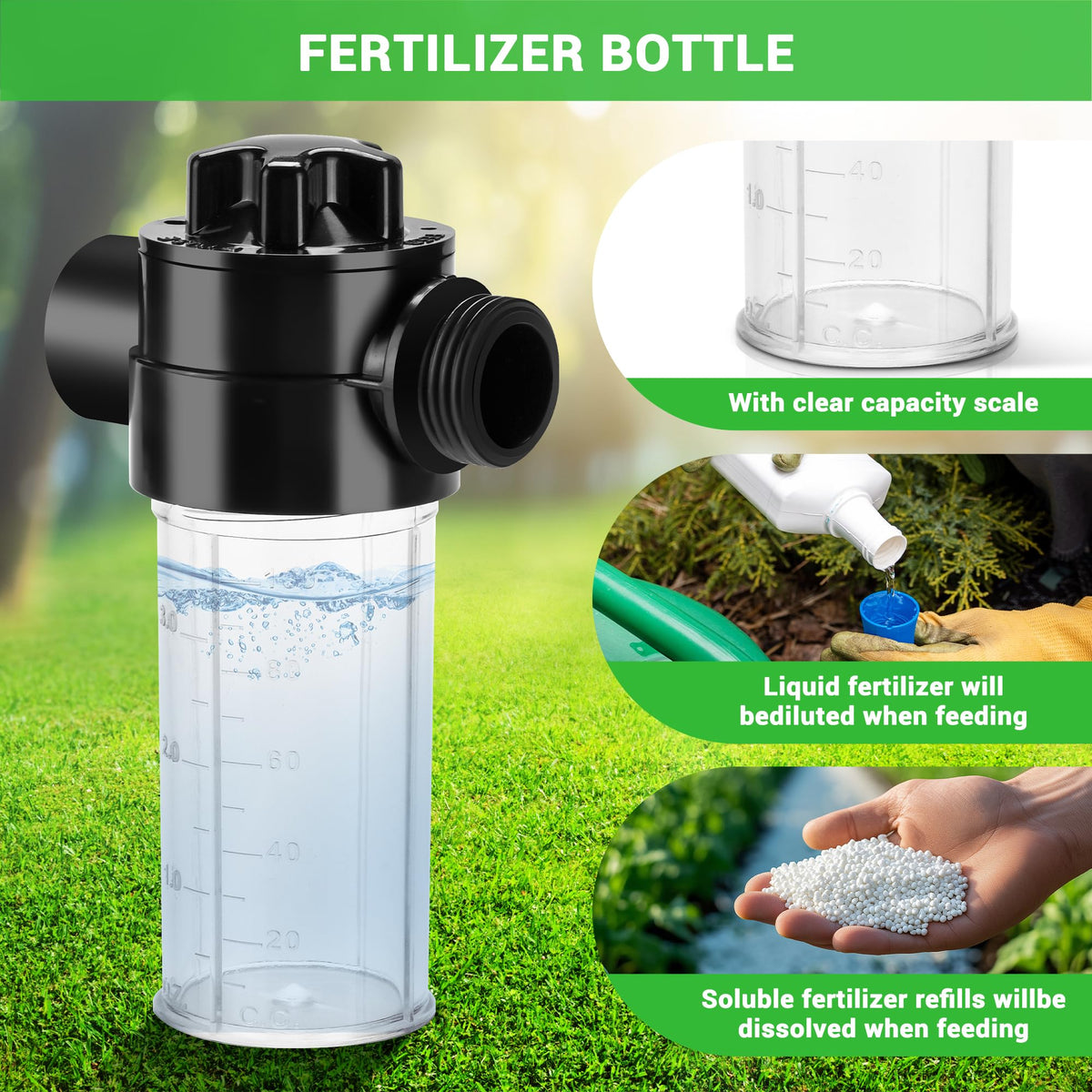 Caulimo fertilizer bottle integration for direct root feeding and growth support