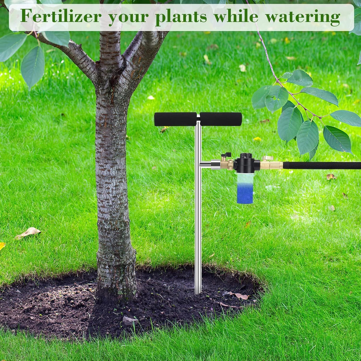 Caulimo root feeder and aerator delivers water and air to roots.