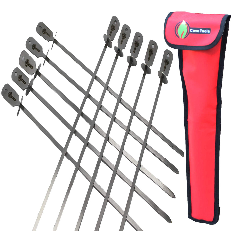 Cave Tools skewers set with flat skewers and food remover disc for easy serving on grills