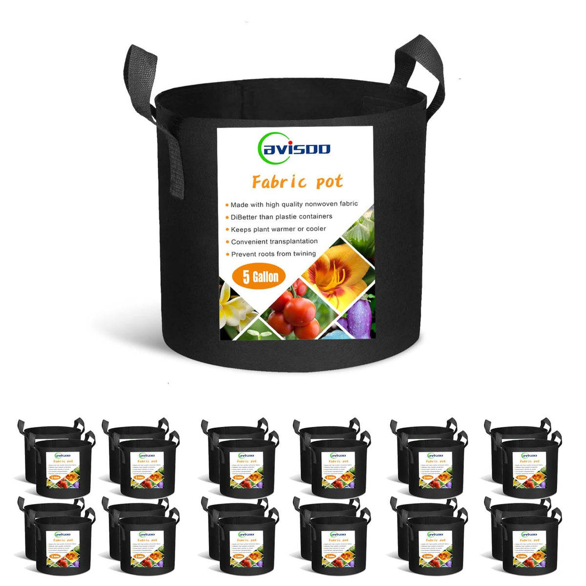 Cavisoo 24-pack 5-gallon grow bags show durable material designed for long-term reuse.