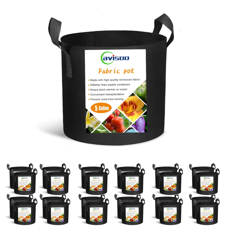 Cavisoo 24-pack 5-gallon grow bags show durable material designed for long-term reuse.