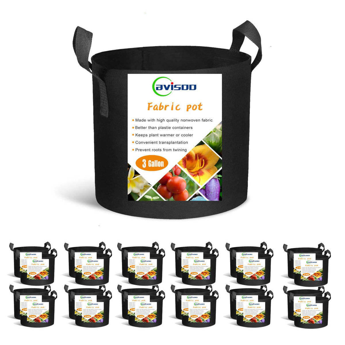 Cavisoo 24-pack 3-gallon grow bags front view, ready for versatile garden setups.