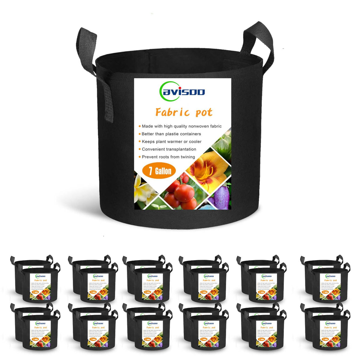 Cavisoo 7-gallon grow bag shows heavy-duty nonwoven fabric for durable gardening.